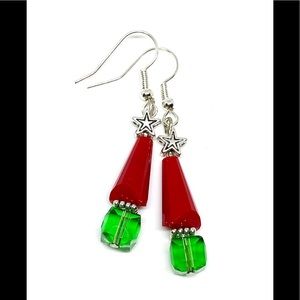 Red Opaque Glass Green Crystal Cube and Cone Silver Star Christmas Tree Earrings